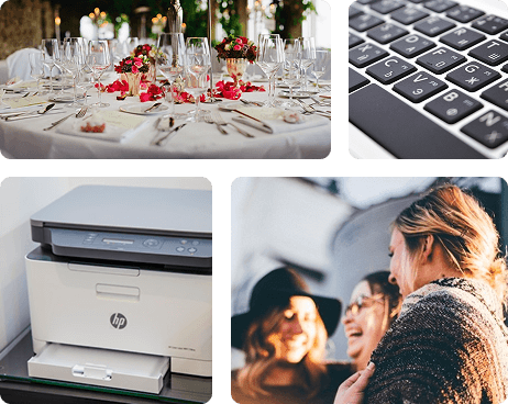 megterített asztal, billentyűzet, nyomtató és beszélgető lányok